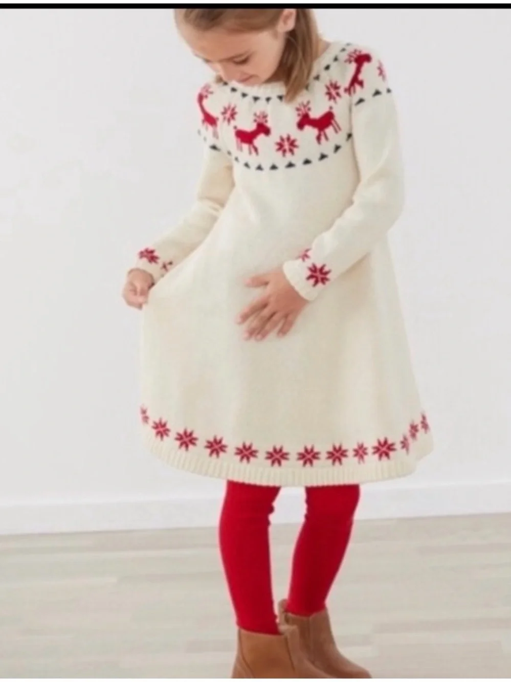 Hanna Andersson Cream Knit Holiday Sweater Dress with Red Accents